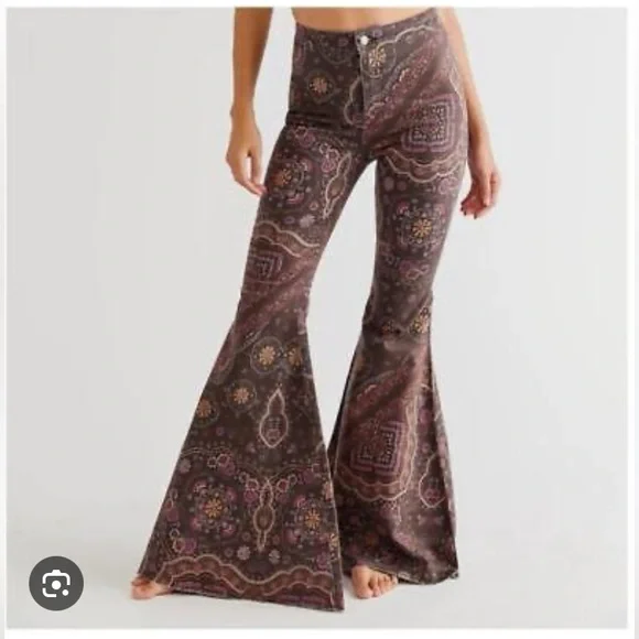 SOLD! Free People Just Float On Printed Flare Jeans - Picture 2 of 6